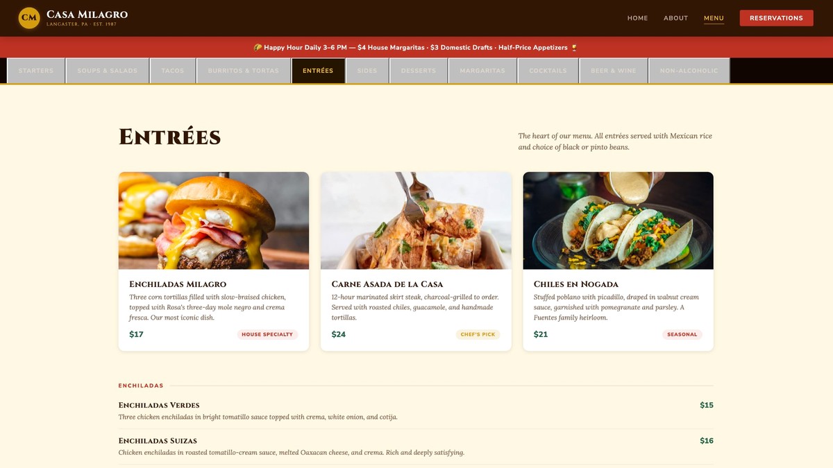 Casa Milagro entrees section
