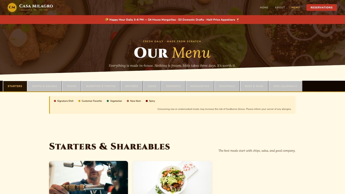 Casa Milagro full menu with sticky tabs